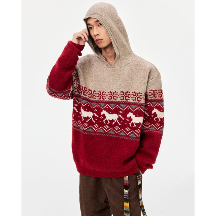 Damen Gemütlicher Grobstrickpullover mit Kapuze und Pferdemotiv Drune