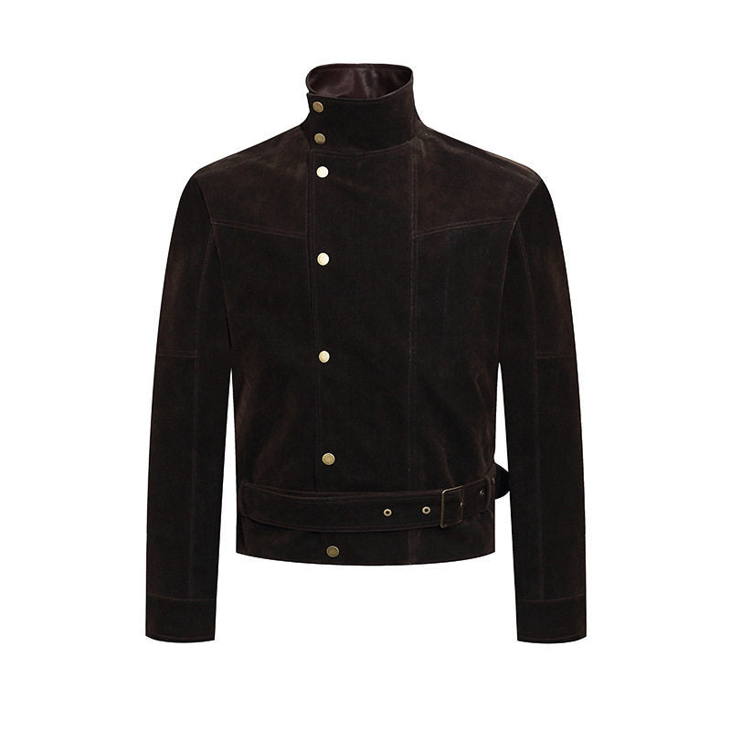 Herren Wildleder-Bikerjacke mit Stehkragen, Druckknopffront und Taillengürtel Drune