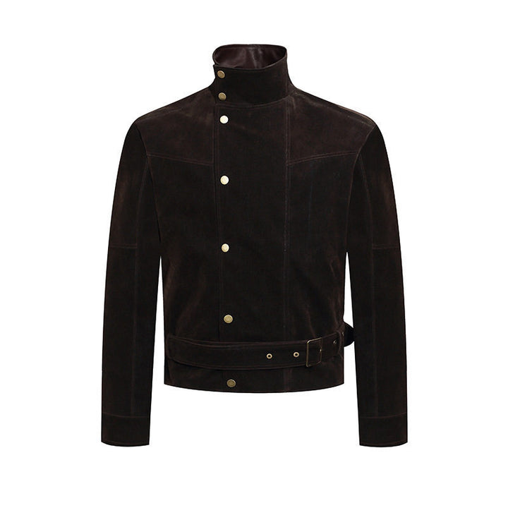 Herren Wildleder-Bikerjacke mit Stehkragen, Druckknopffront und Taillengürtel Drune