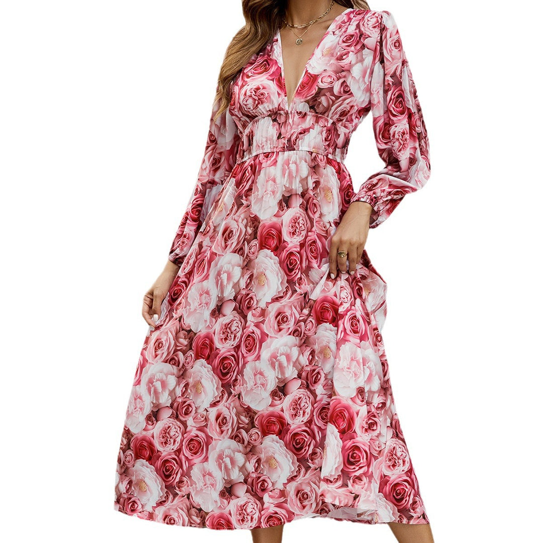Damen Maxikleid mit tiefem V-Ausschnitt und elastischem Taillenband Drune