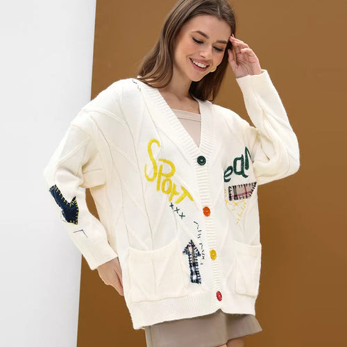 Damen Strickjacke mit bunten Stickereien Drune
