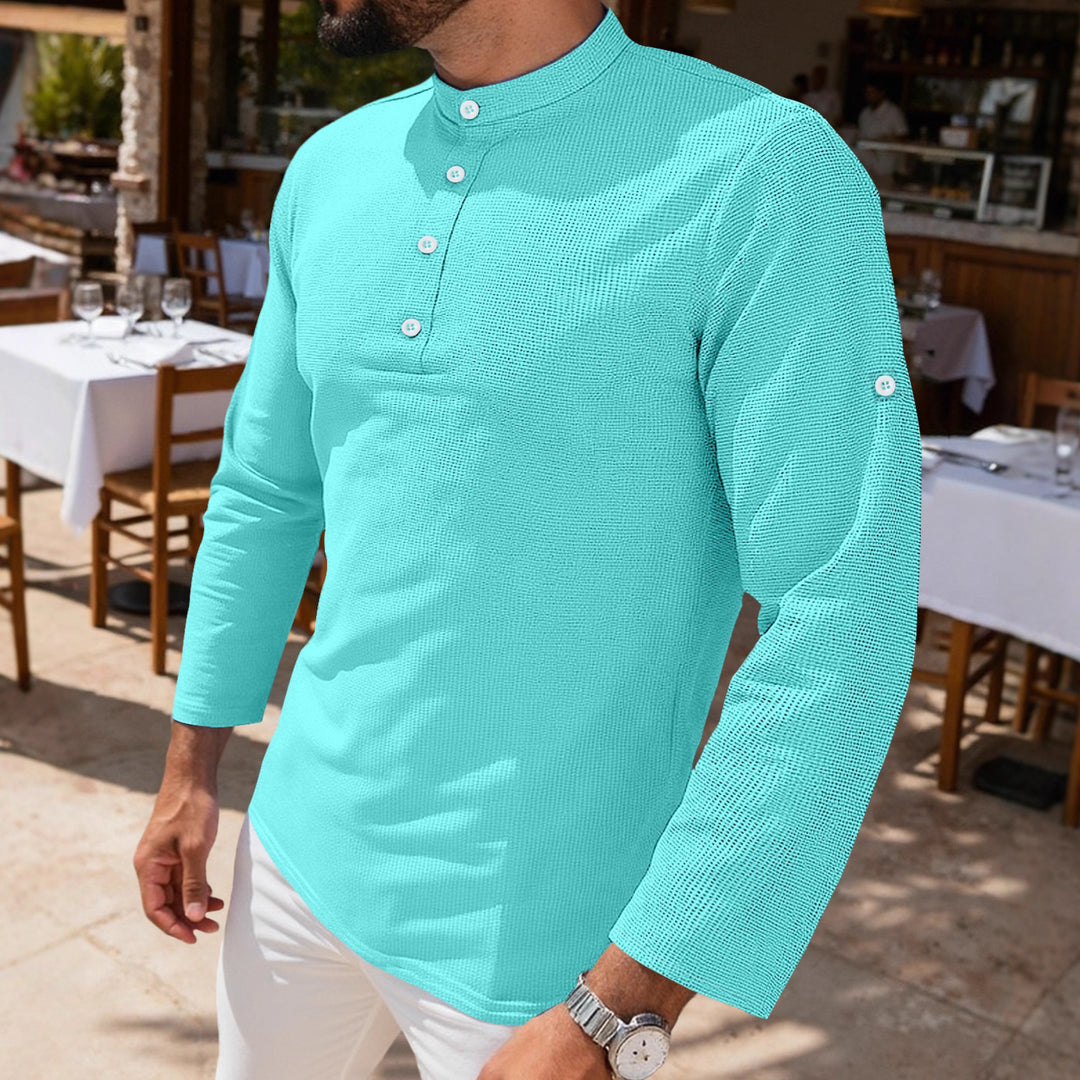 Herren nan strukturiertes Langarm-Henley mit Nehru-Kragen und Ton-in-Ton-Knopfleiste Drune
