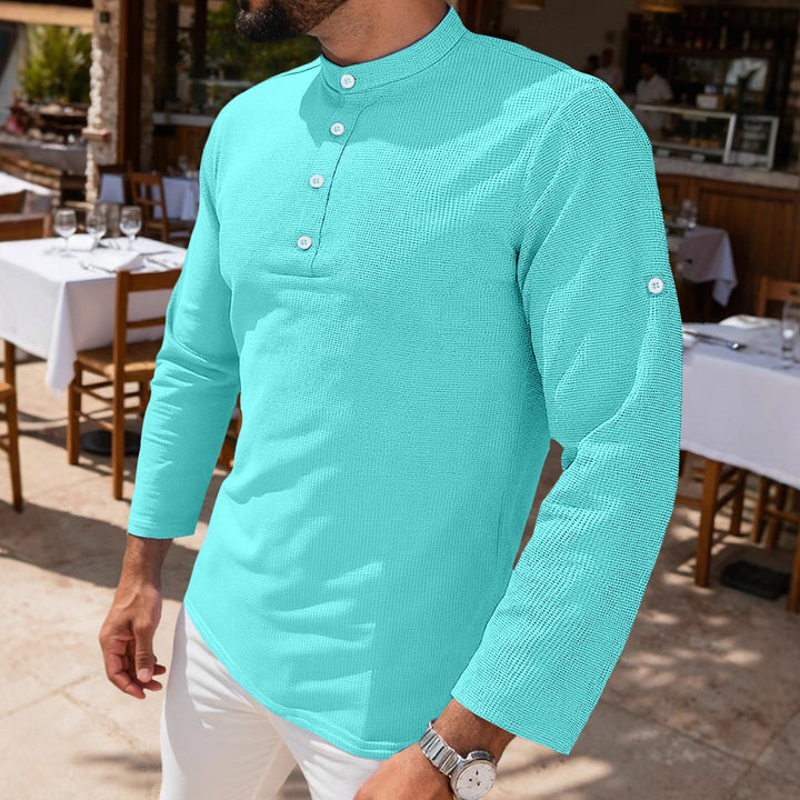 Herren nan strukturiertes Langarm-Henley mit Nehru-Kragen und Ton-in-Ton-Knopfleiste Drune
