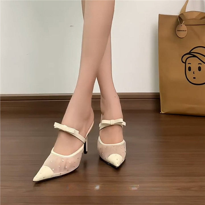 Damen Elegante spitz zulaufende Mesh-Mules mit niedrigem Kitten-Absatz und Schleifenriemen Drune
