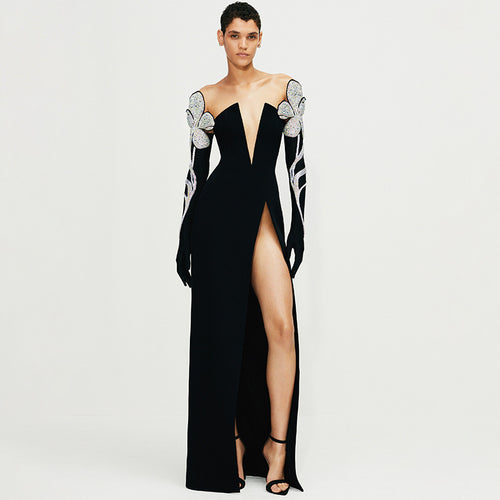 Damen Elegantes Abendkleid mit glitzernden Flügel-Applikationen und tiefem V-Ausschnitt Drune