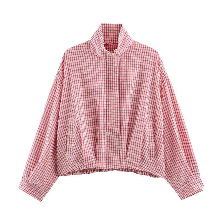 Damen Karo-Übergangsjacke im Oversize-Cropped-Schnitt mit hohem Stehkragen Drune
