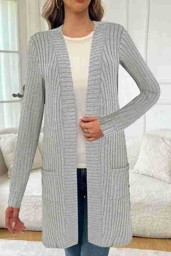 Damen Langer Feinstrick-Cardigan mit Rippenstruktur, offenen Kanten und Eingrifftaschen Drune