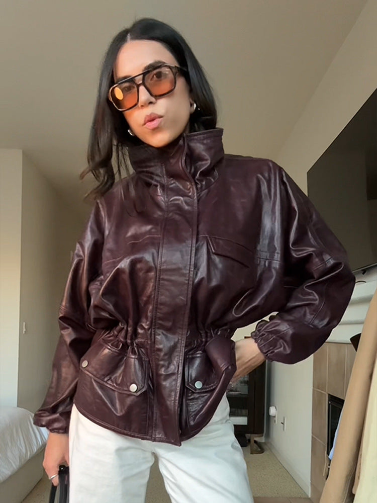 Damen Oversize Lederimitat-Blouson mit hohem Stehkragen und Taillenzug Drune