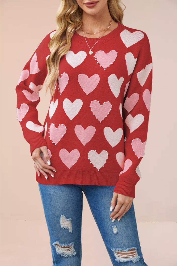 Damen Strickpullover mit Herzmuster und Perlendetails Drune