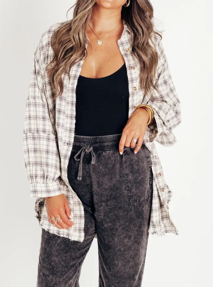 Damen nan oversized Karo-Überhemd mit Fransenbesatz, Brusttaschen und lockerer Passform Drune