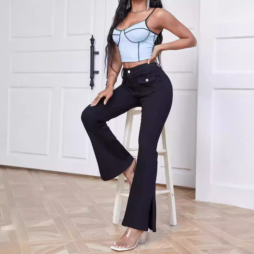 Damen High-Waist Schlaghose aus Stretch-Denim mit Taschenklappen und Frontschlitz Drune