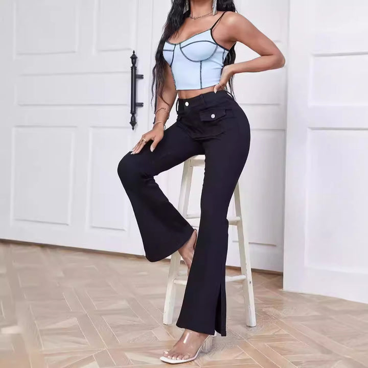 Damen High-Waist Schlaghose aus Stretch-Denim mit Taschenklappen und Frontschlitz Drune
