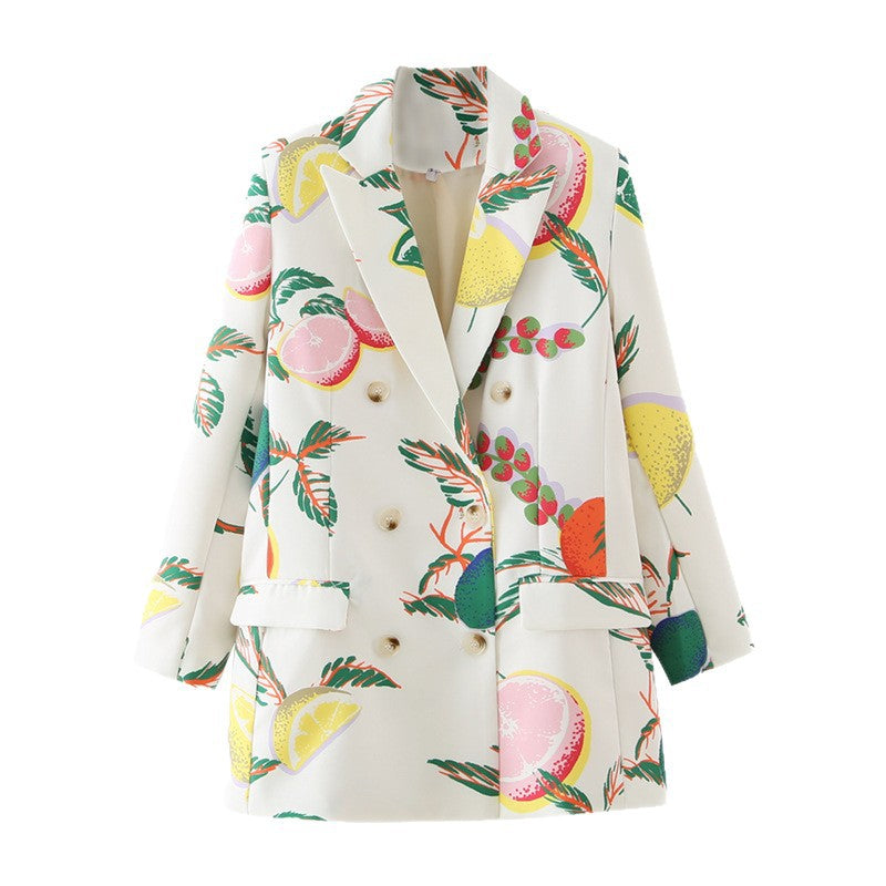 Damen Doppelreihiger Oversize-Blazer aus leichter Webware mit farbigem Zitrus-Print Drune