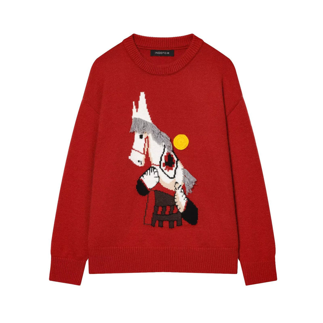 Damen Strickpullover mit Pferde-Motiv und Fransenapplikation, Oversize-Rundhals Drune