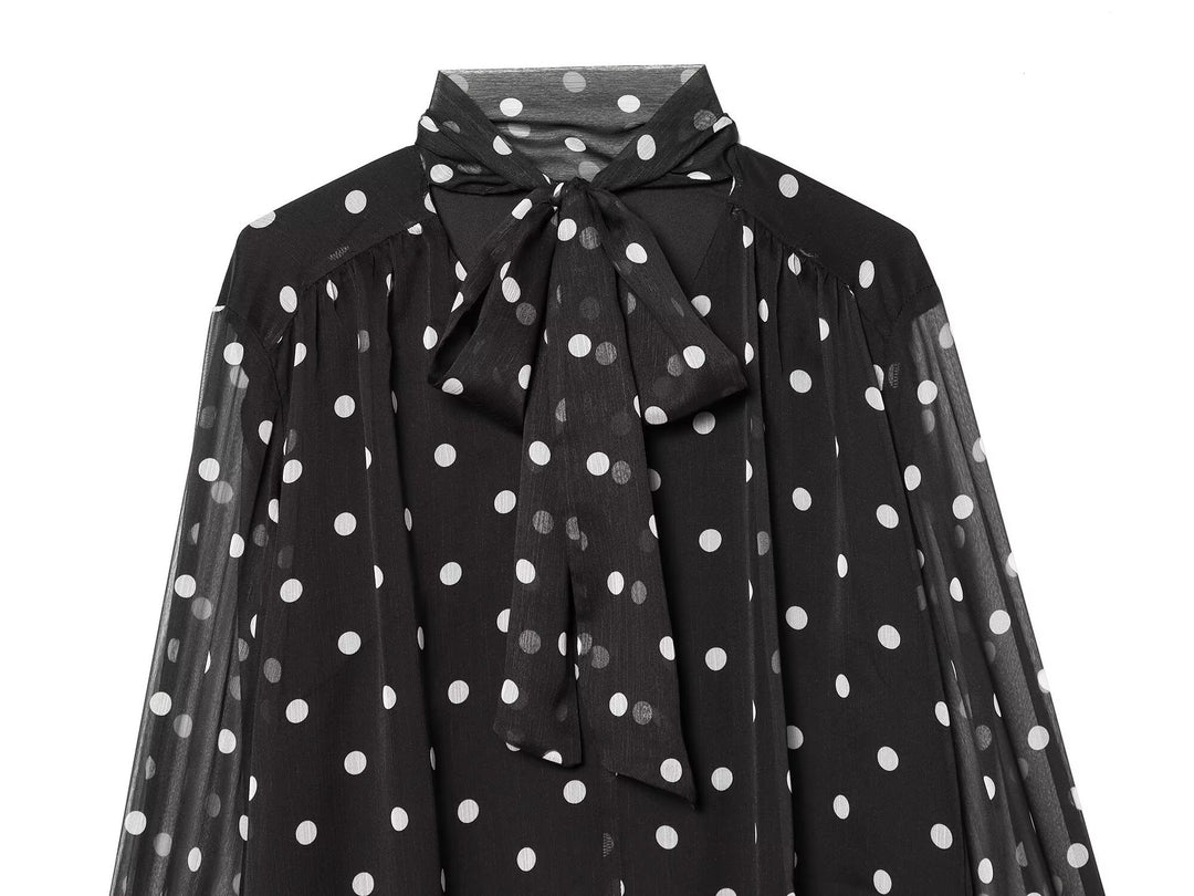 Damen Chiffonbluse mit Polka-Dot, Schleifenbindekragen und transparenten Ballonärmeln Drune