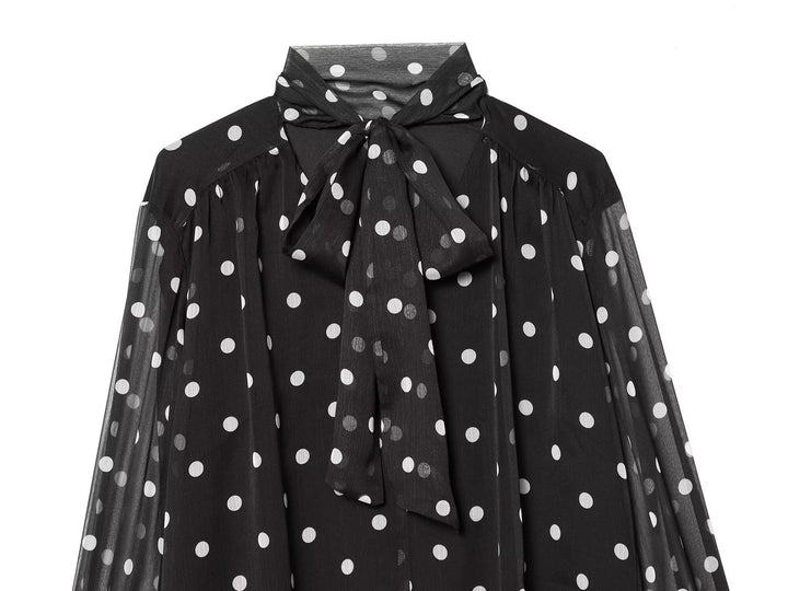 Damen Chiffonbluse mit Polka-Dot, Schleifenbindekragen und transparenten Ballonärmeln Drune