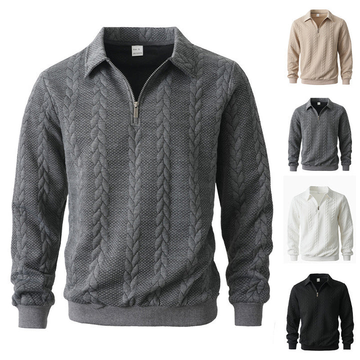 Herren nan Halbzip-Pullover mit Kentkragen, Zopfstrickstruktur und geripptem Saum Drune