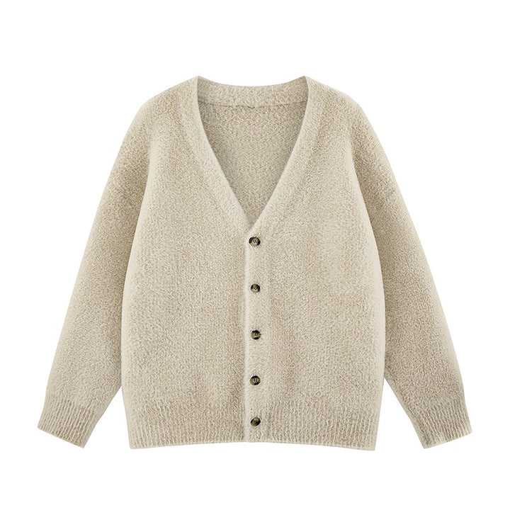 Damen Oversize Teddy-Strickcardigan mit V‑Ausschnitt und Holzknöpfen Drune