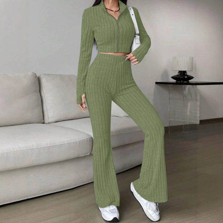 Damen Gerippter Strick-Zweiteiler mit Cropped Reißverschluss-Cardigan und High‑Waist Schlaghose Drune
