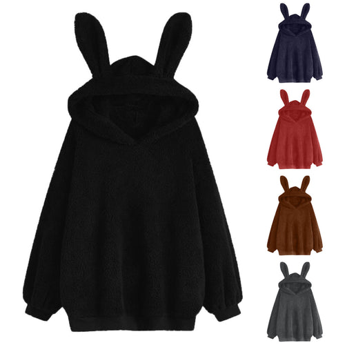 Damen nan flauschiger Oversize-Kapuzenpullover mit langen Hasenohren und gerippten Bündchen Drune