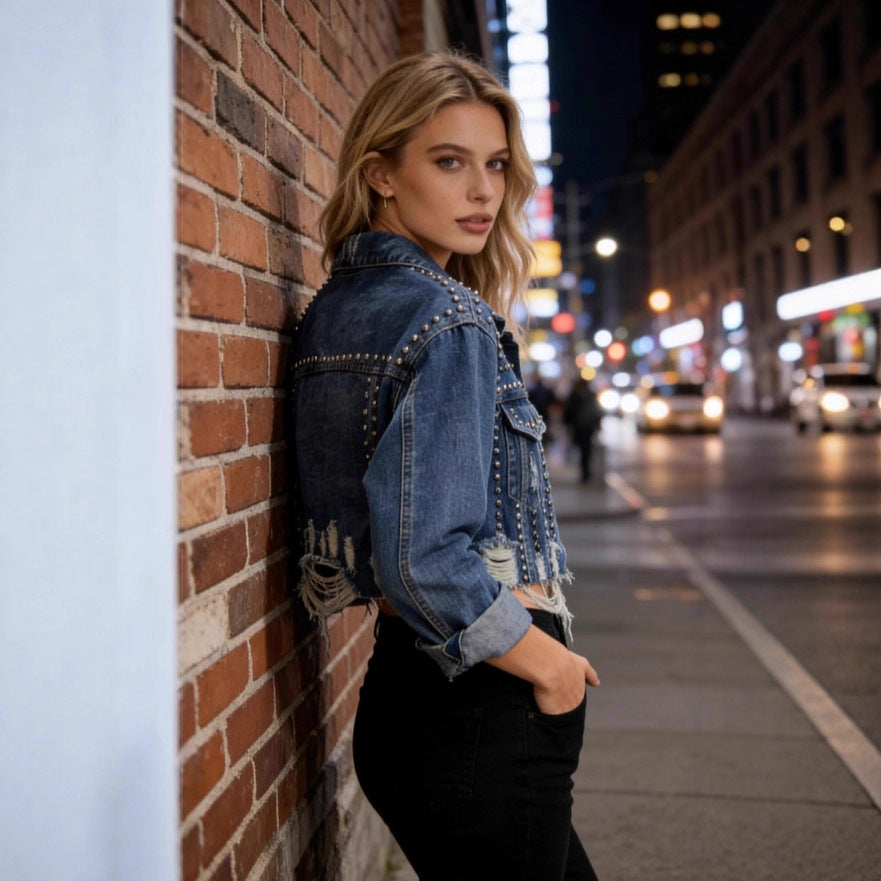 Damen Modische lässige Jeansjacke mit verzierten Details Drune