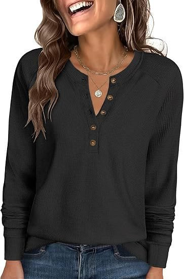 Damen Waffelstrick-Henley-Longsleeve mit Knopfleiste, Raglanärmeln und gerippten Bündchen Drune