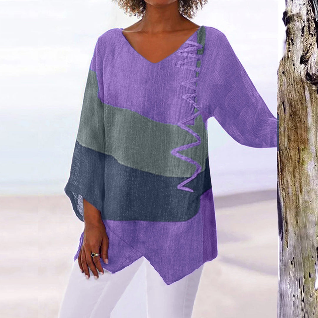 Frauen Casual A-Linien Leinenlook Tunika mit Farbblockstreifen und V-Ausschnitt Drune