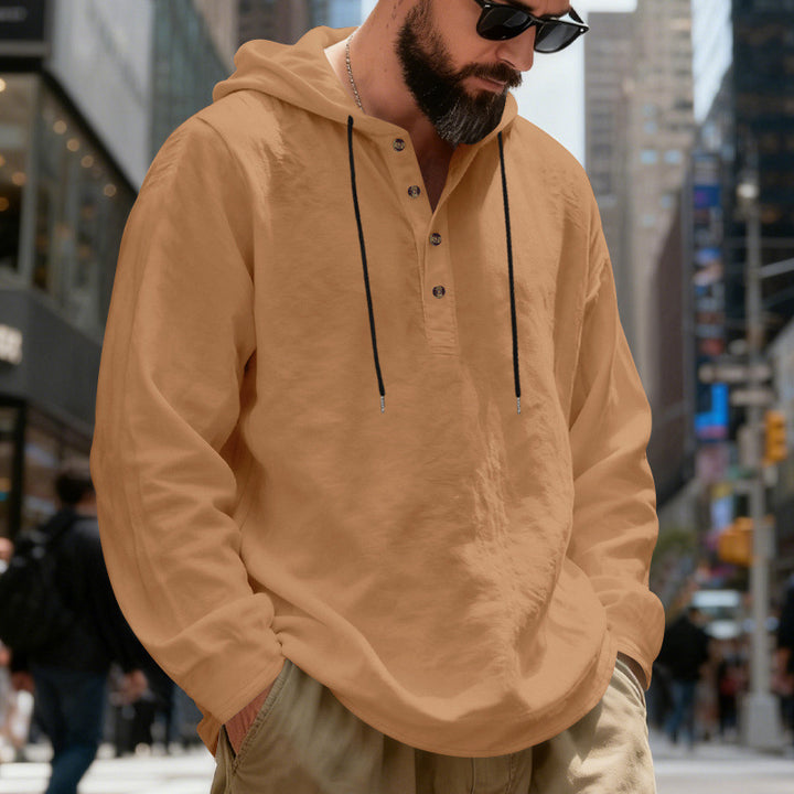 Herren nan leichter Kapuzenshirt mit Knopfleiste aus Leinenmischung und entspanntem Schnitt Drune