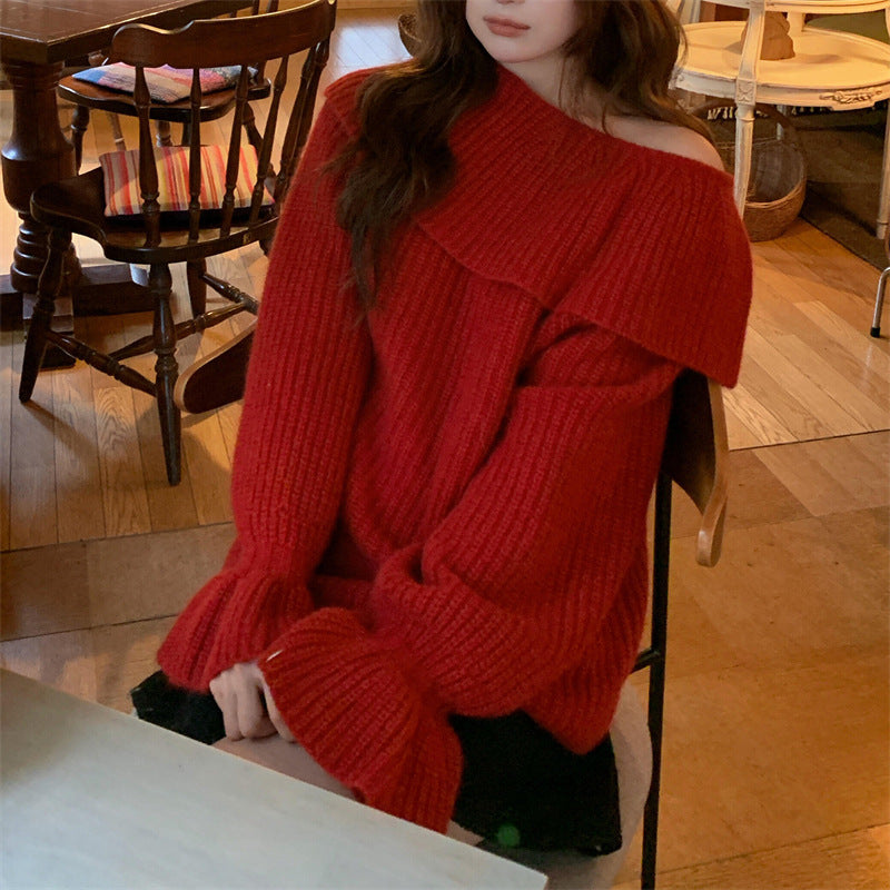 Damen Off-Shoulder Pullover aus grobem Strick Drune