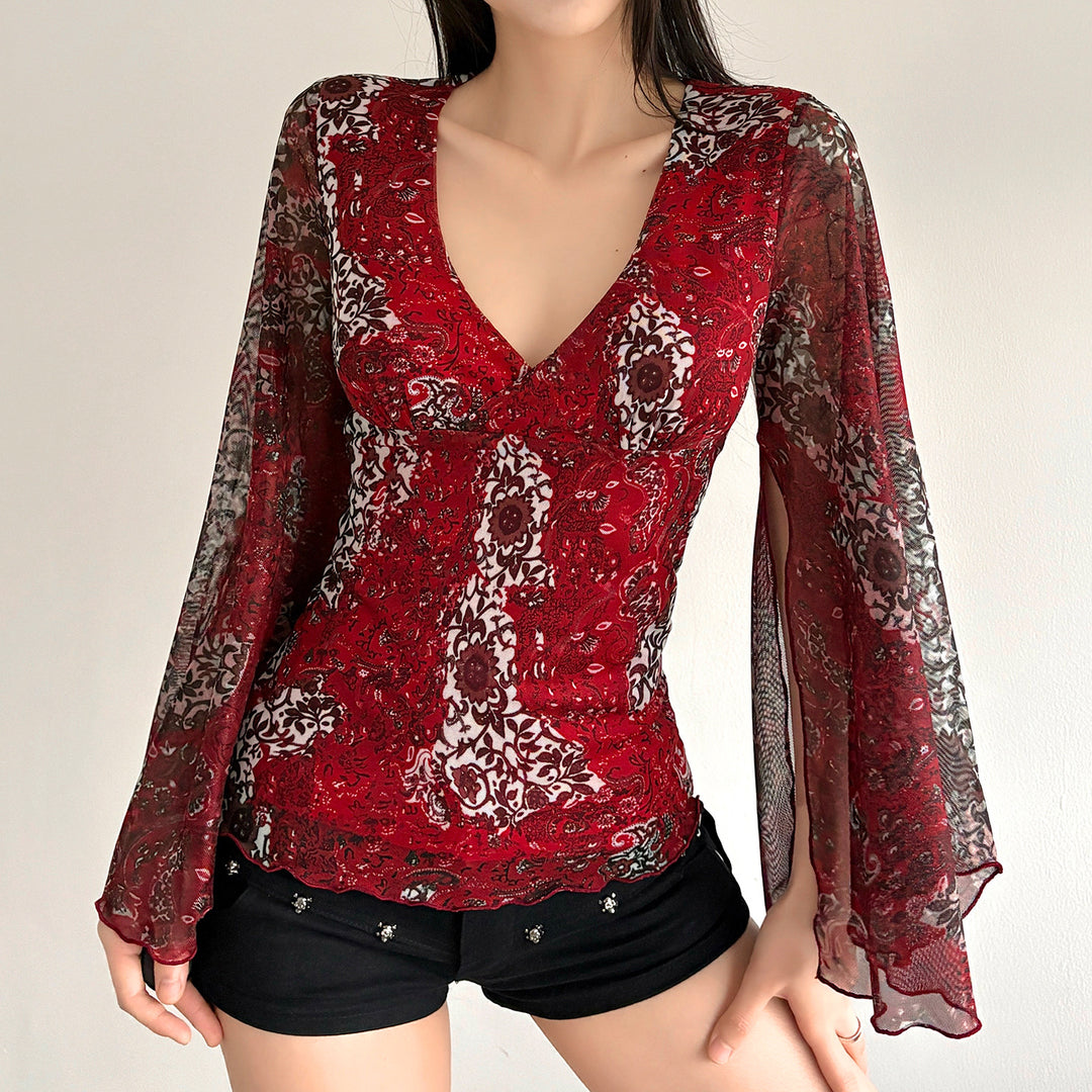 Damen Chiffonbluse mit tiefem V-Ausschnitt, ausgestellten Glockenärmeln und Paisley-Print Drune