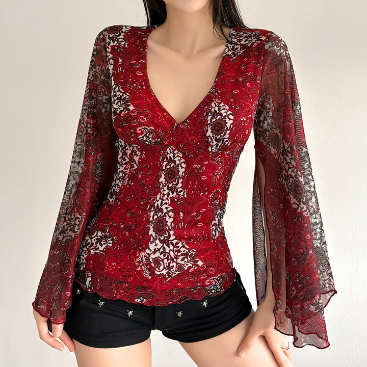Damen Chiffonbluse mit tiefem V-Ausschnitt, ausgestellten Glockenärmeln und Paisley-Print Drune