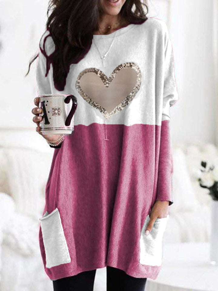Damen Oversized Lange Pullover Tunika mit Pailletten-Herz und aufgesetzten Taschen Drune