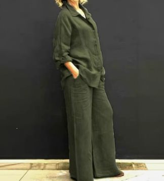 Damen Leichtes Leinen-Loungewear-Set mit Oversized-Hemd und weiter Palazzo-Hose Drune