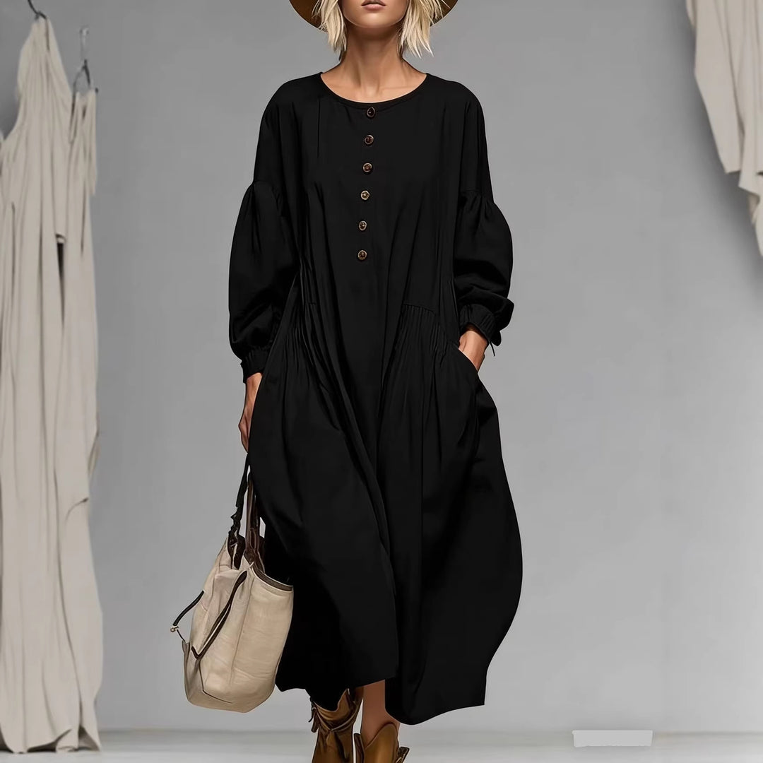 Damen Lässiges Midi-Kleid mit Knopfleiste, Ballonärmeln und Eingrifftaschen Drune