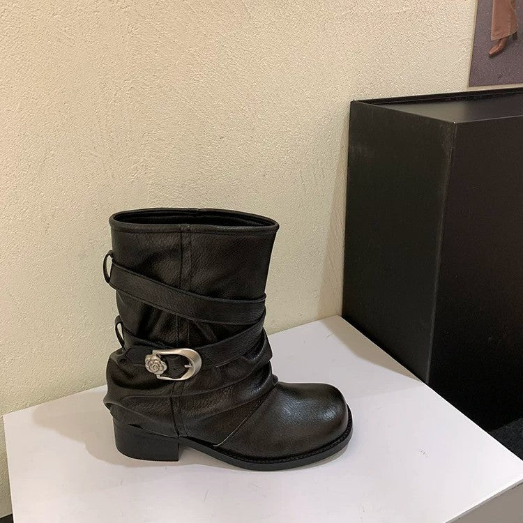 Damen Modische Stiefeletten mit breitem Riemen Drune