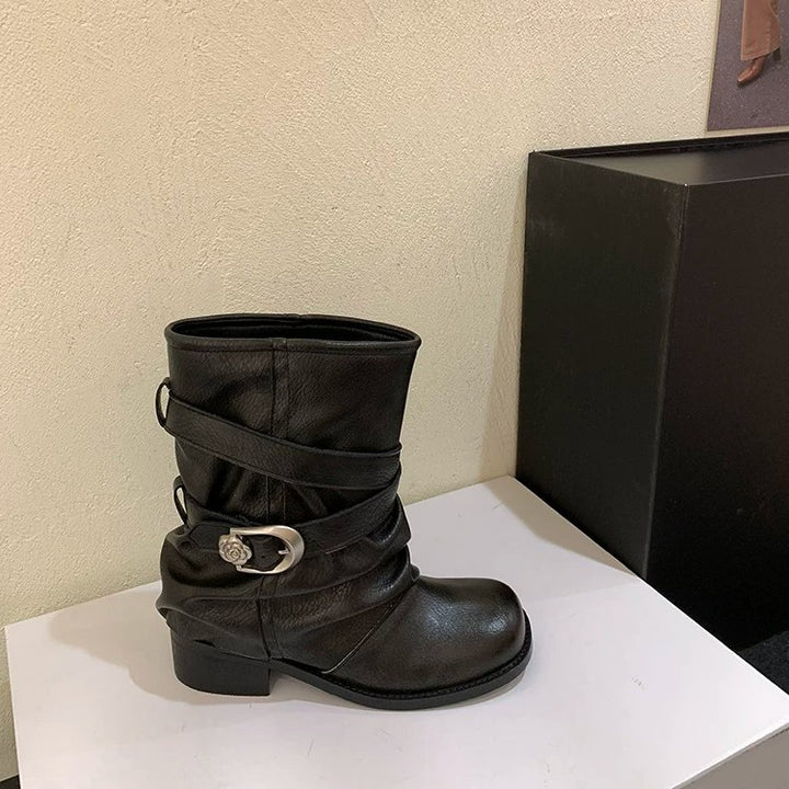Damen Modische Stiefeletten mit breitem Riemen Drune