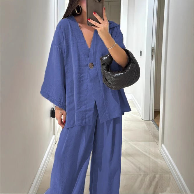 Damen nan entspanntes Zweiteiler-Leinenensemble mit kimonoartiger Oversize-Jacke und weiter Palazzohose Drune
