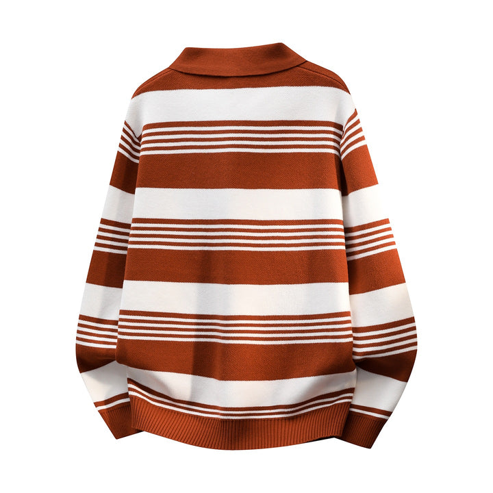 Damen Oversize Langarm-Polo-Strickpullover mit Retro-Streifen und Brustknopfleiste Drune
