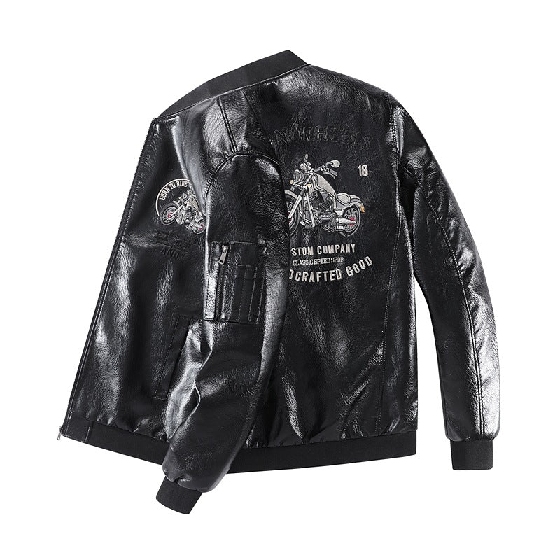 Herren Modische Kunstleder-Bomberjacke mit detaillierten Stickereien Drune
