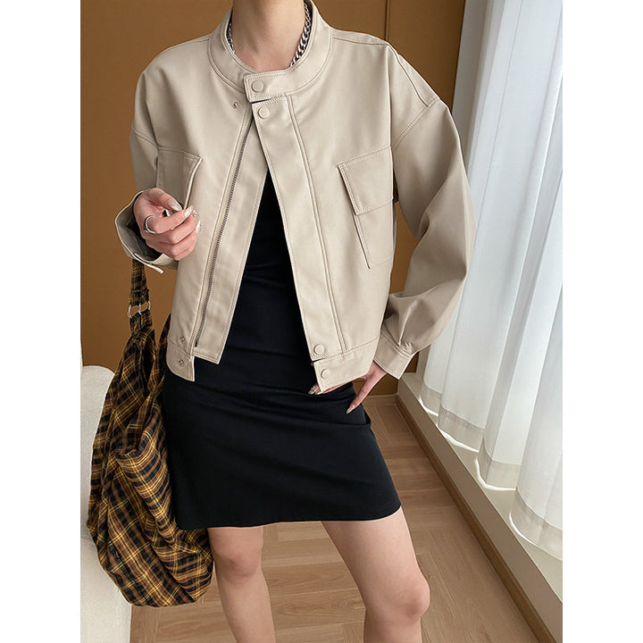 Damen modische Kunstlederjacke im sportlichen Schnitt mit praktischen Taschen Drune