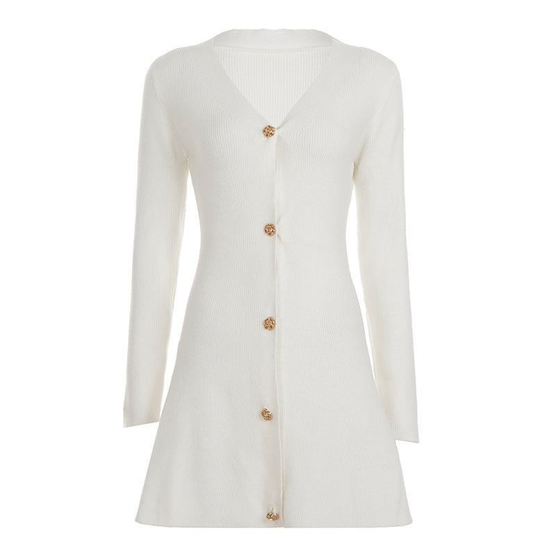 Damen nan tailliertes Strickkleid-Cardigan mit V-Ausschnitt und dekorativen Zierknöpfen Drune
