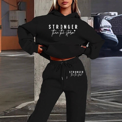 Damen nan Cropped-Hoodie und Jogginghose Set mit Statement-Print, Kängurutasche und elastischem Bund Drune