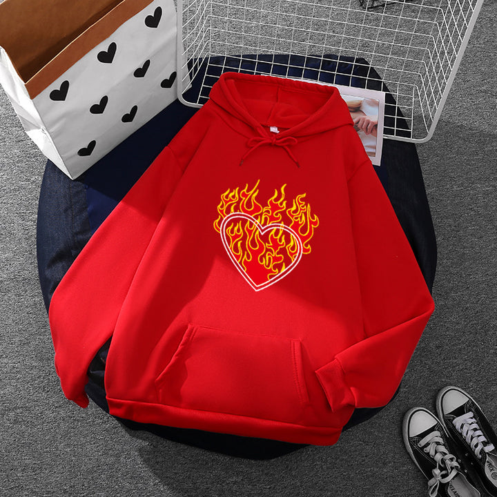 Damen nan leichter Oversize Kapuzenpullover mit Herz‑EKG‑Motiv, langen Kordeln und elastischem Bund Drune