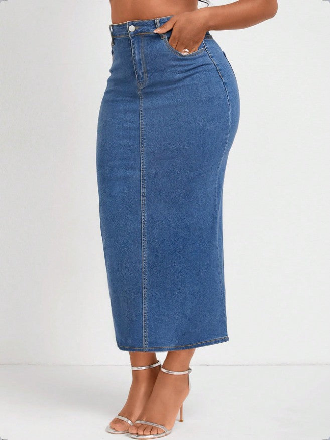 Damen Taillenhoher Stretch-Denim-Midirock mit sichtbarer Mittelnaht und Five-Pocket-Design Drune