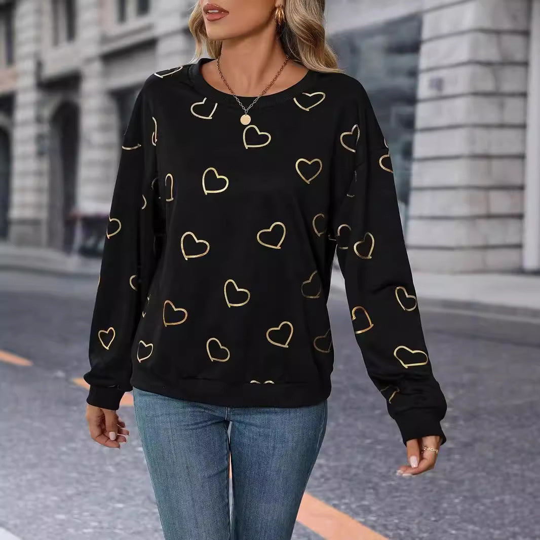Damen nan lockeres Herzprint-Sweatshirt mit Rundhalsausschnitt und Rippbündchen Drune