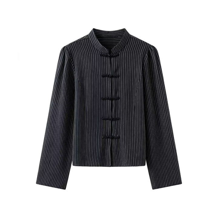 Damen Nadelstreifen-Mandarinjacke mit Knotenverschlüssen und geradem Schnitt Drune