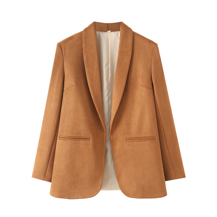 Damen nan lang geschnittener Blazer im Wildleder‑Imitat mit weichem Schalkragen und paspelierten Leistentaschen Drune