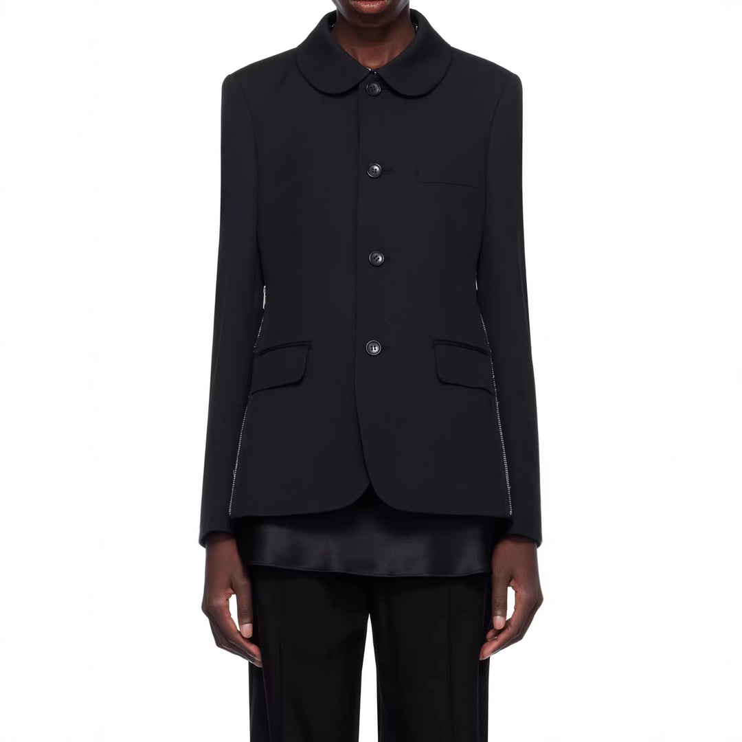 Damen Blazerjacke mit rundem Bubikragen, seitlichen Metallreißverschlüssen und Pattentaschen Drune