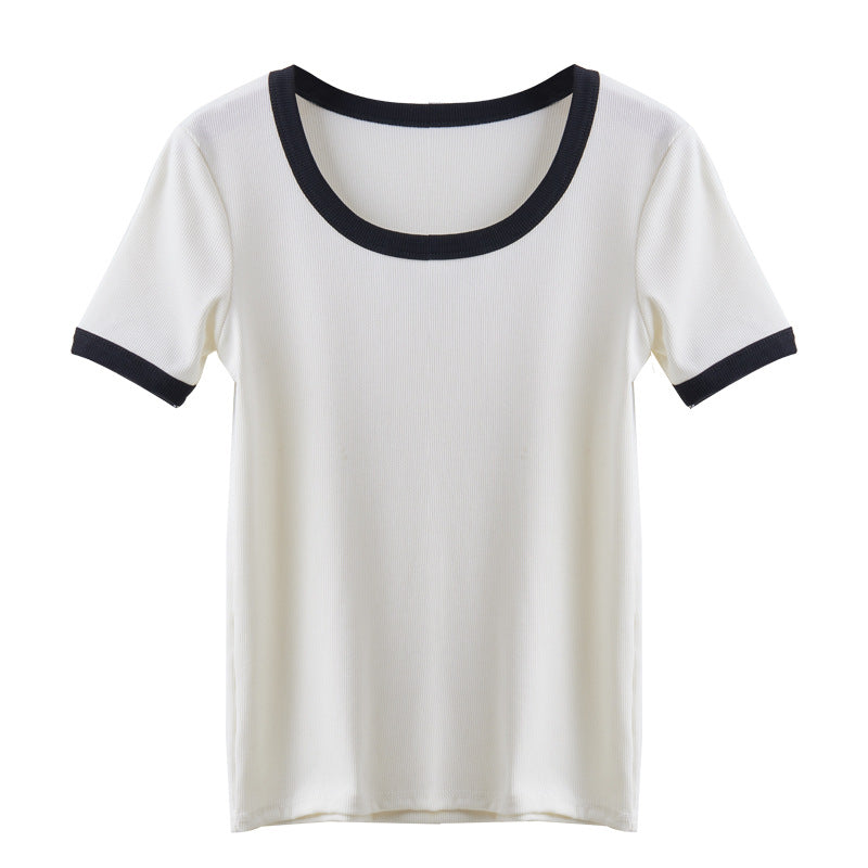 Damen kurzärmliges Shirt mit geometrischem Rippdesign und Kontrastdetails Drune