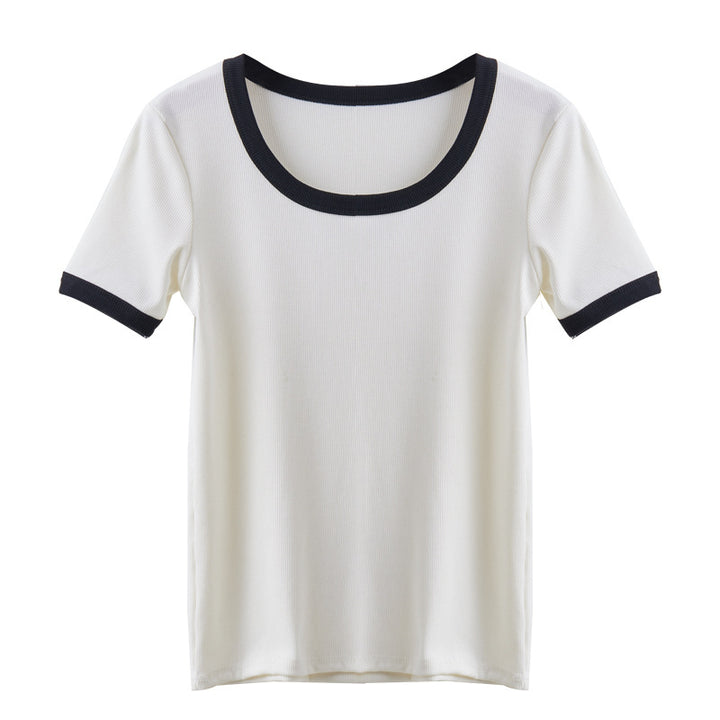 Damen kurzärmliges Shirt mit geometrischem Rippdesign und Kontrastdetails Drune